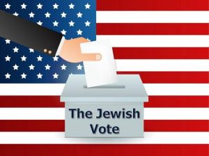 graphic of cartoon hand putting a ballot into a box titled "The Jewish Vote" against the backdrop of the US flag